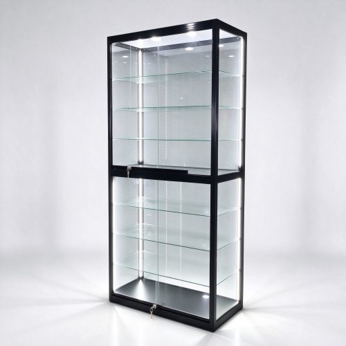 Tall black glass display tower cabinet right 45 view