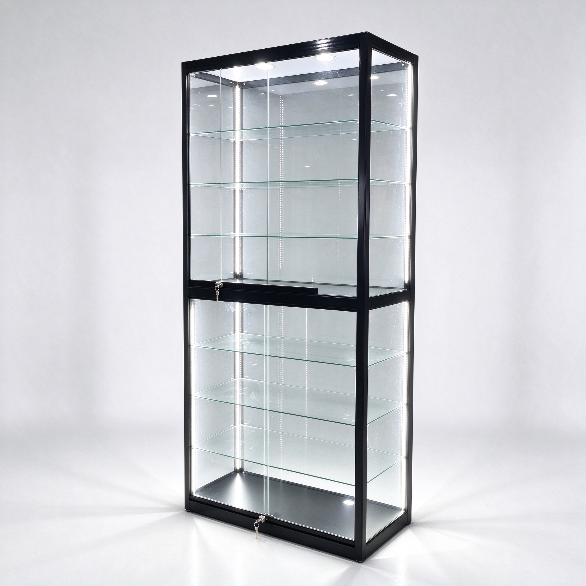 Tall black glass display tower cabinet right 45 view