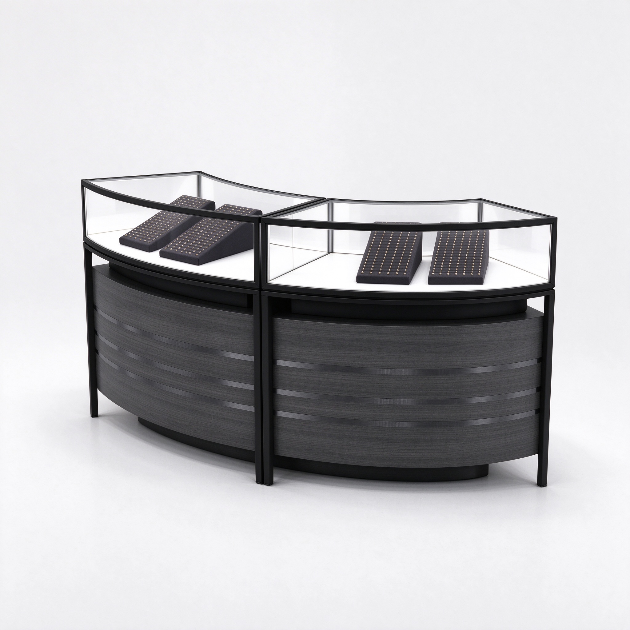 Black semi-circular curved jewelry display counter right 45 view