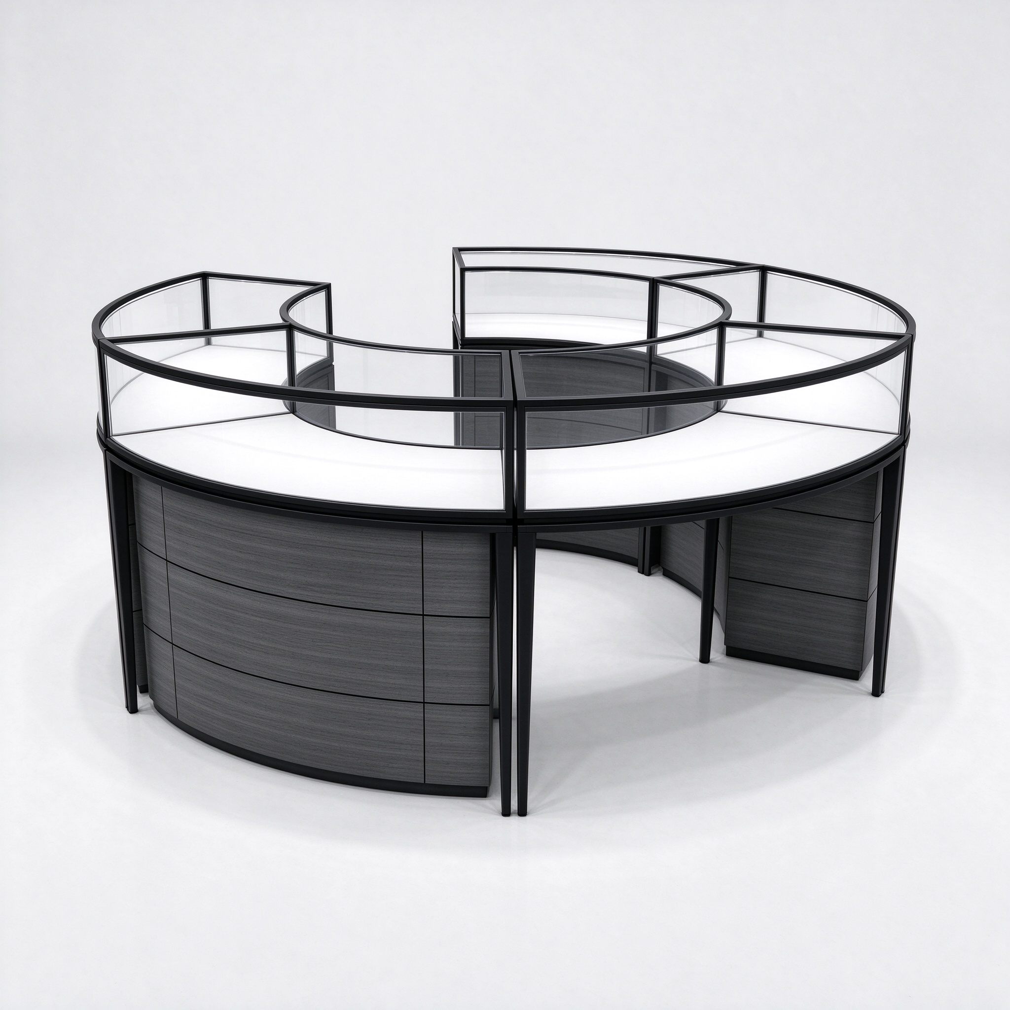 Black frame dark gray wood C-shaped curved jewelry display counter right 45 view