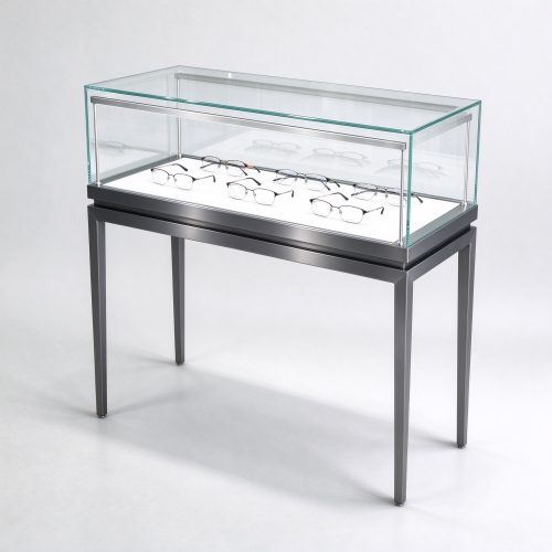 Dark gray metal frame glass optical display counter right 45 view