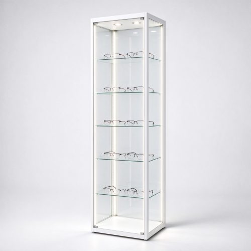 White freestanding glass optical tower right 45 view