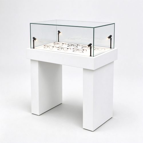 White glass optical display counter with spotlights right 45 view