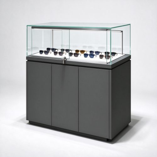 Dark gray museum style glass optical counter right 45 view