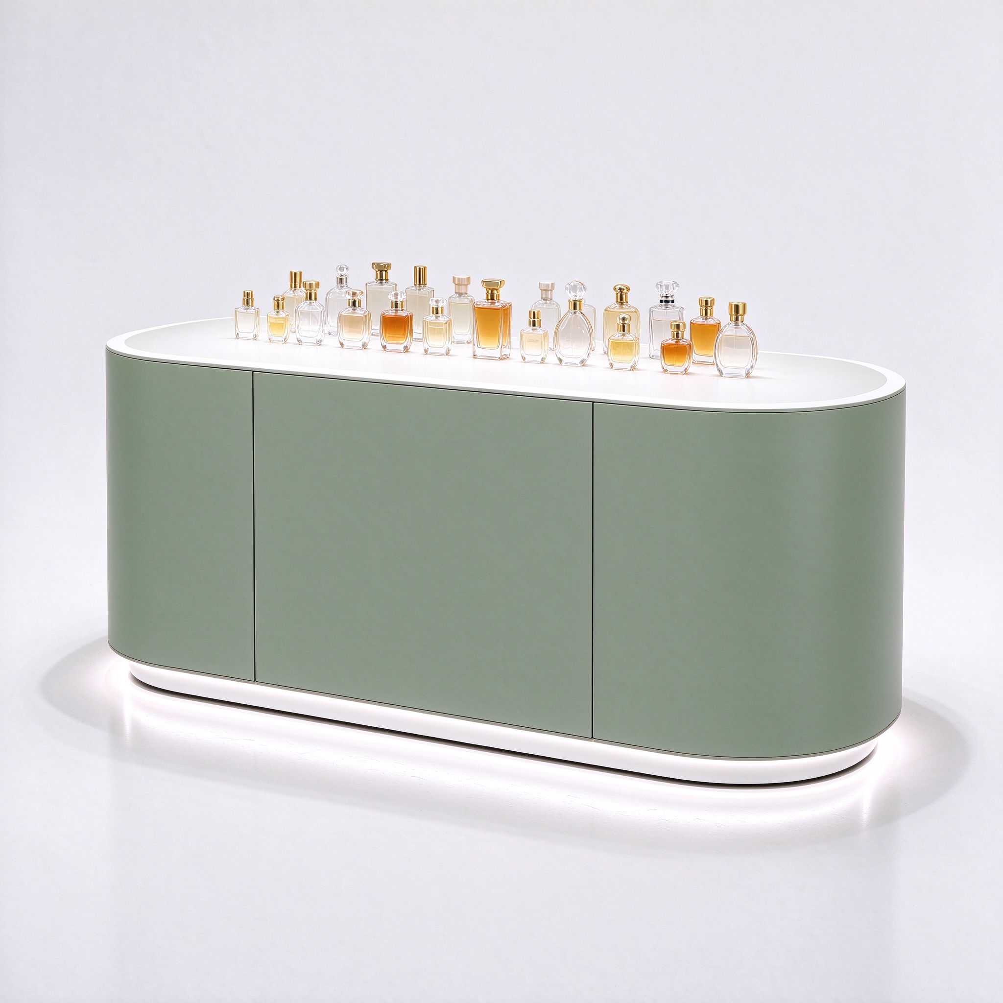 Sage green perfume display counter with products left 45 degree view