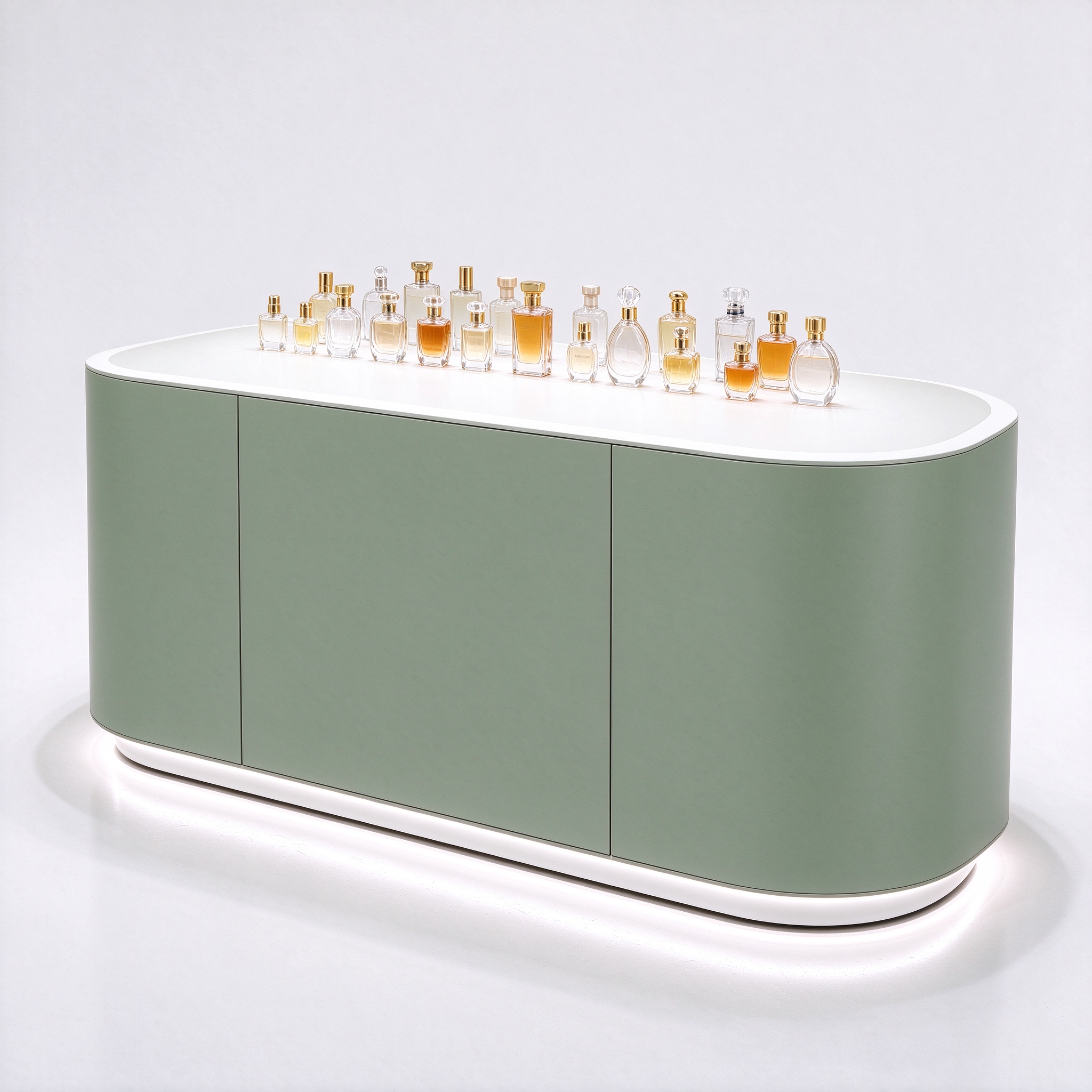 Sage green perfume display counter with products right 45 degree view