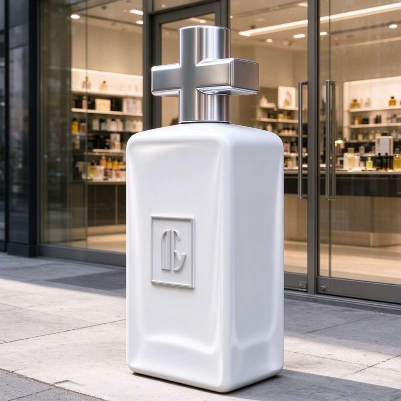 Giant white perfume bottle sculpture with silver cross cap at store entrance left 45 view