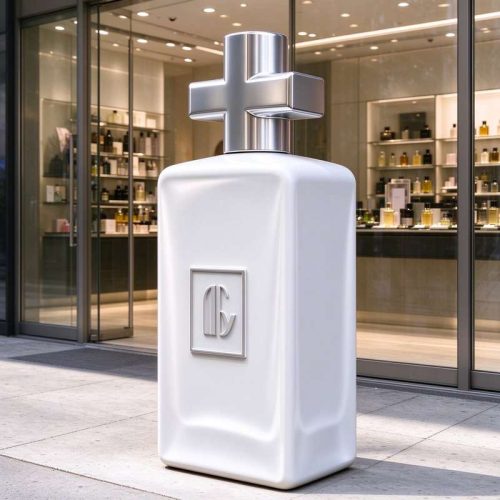 White perfume bottle sculpture right 45 degree angle at boutique entrance