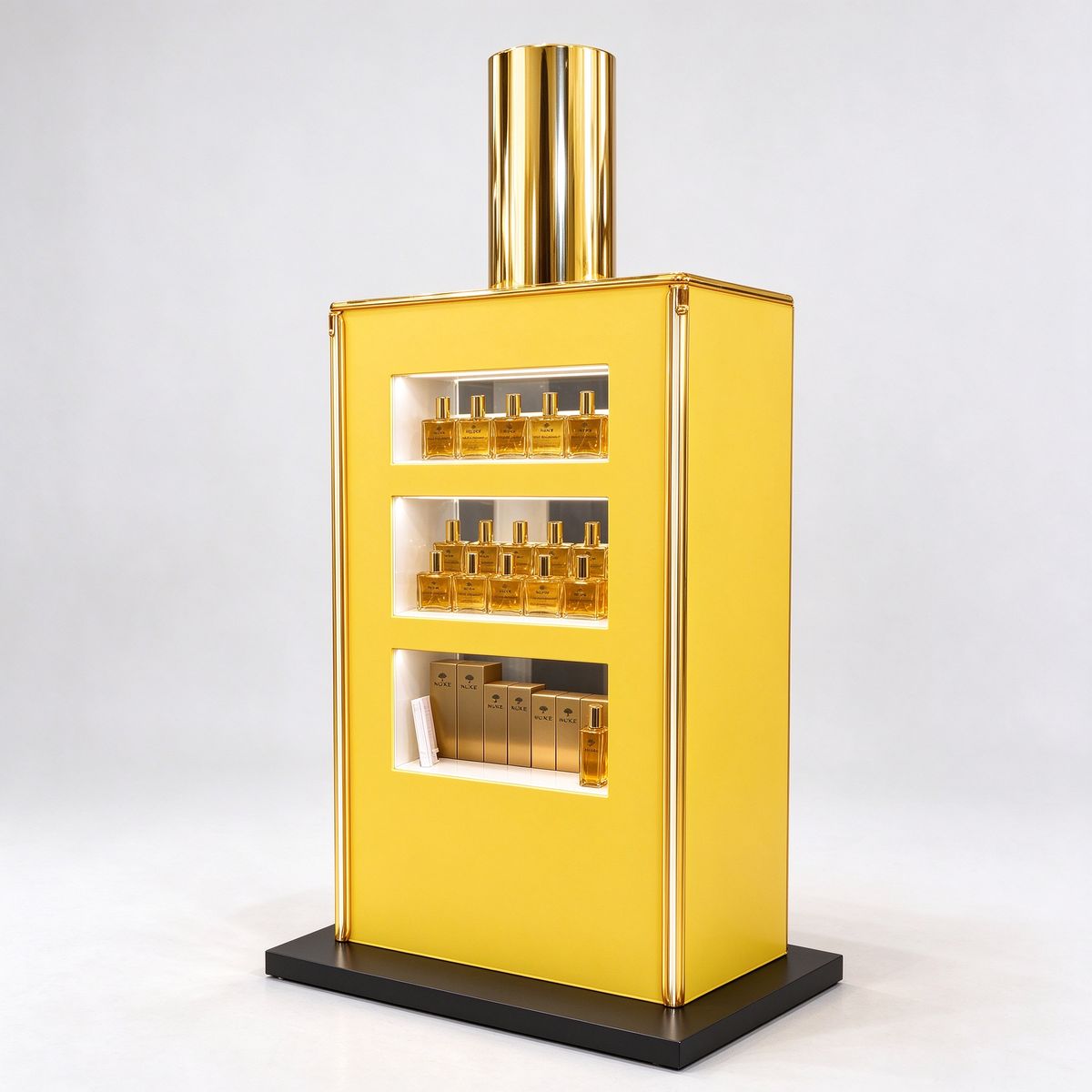 Yellow perfume bottle display cabinet with gold cylinder left 45 degree view