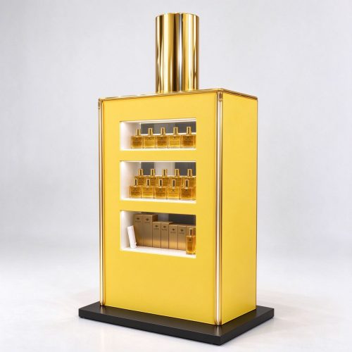 Yellow gold trim perfume display cabinet right 45 degree angle