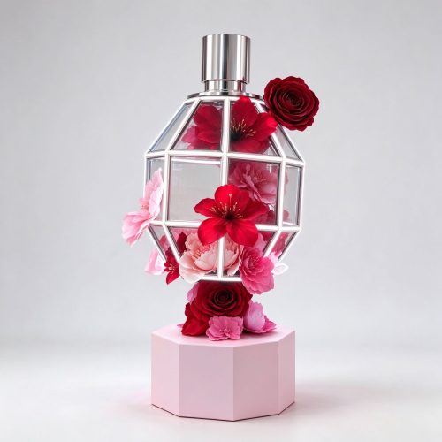 Blooming wireframe neon perfume bottle prop left 45 degree view with pink pedestal