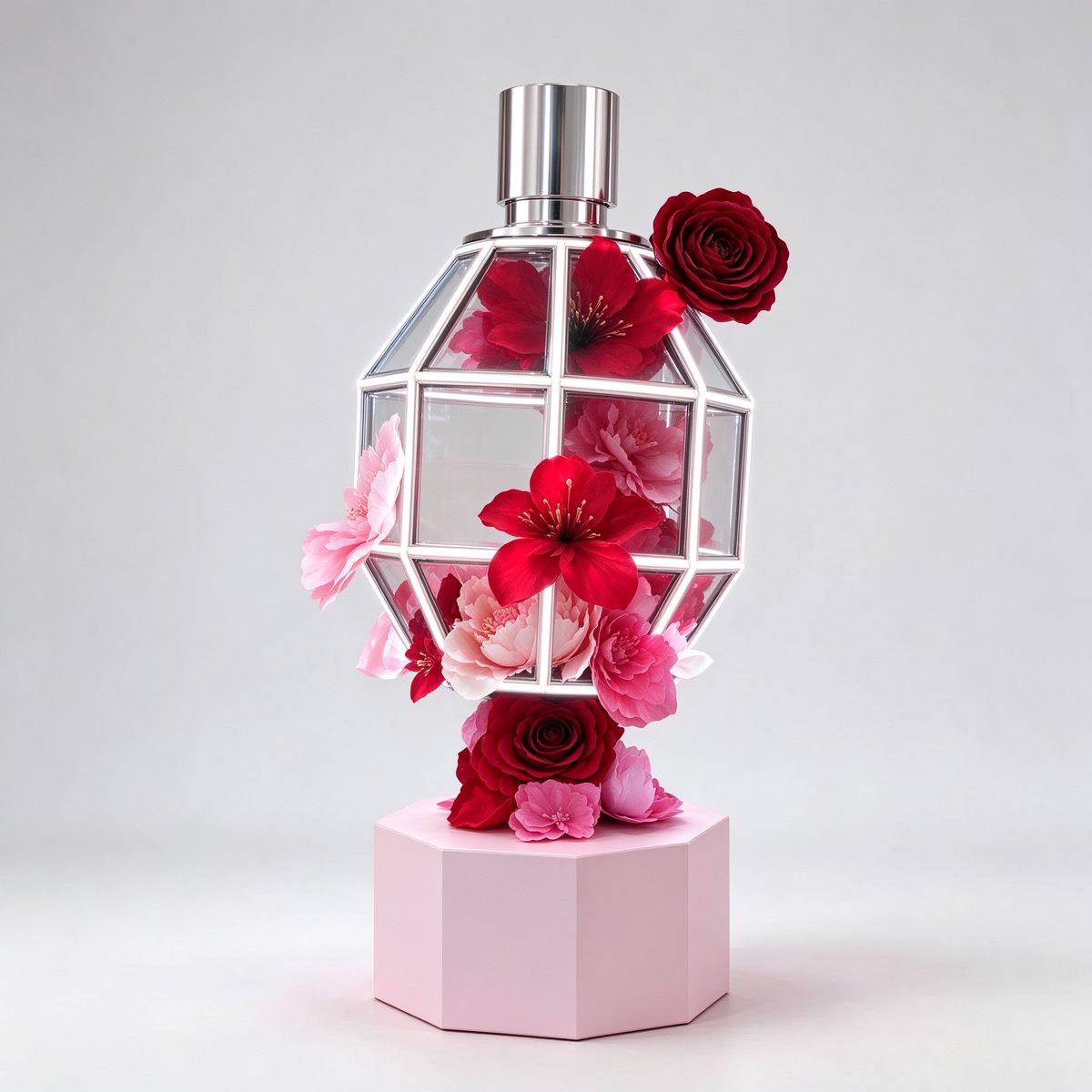 Blooming wireframe neon perfume bottle prop left 45 degree view with pink pedestal