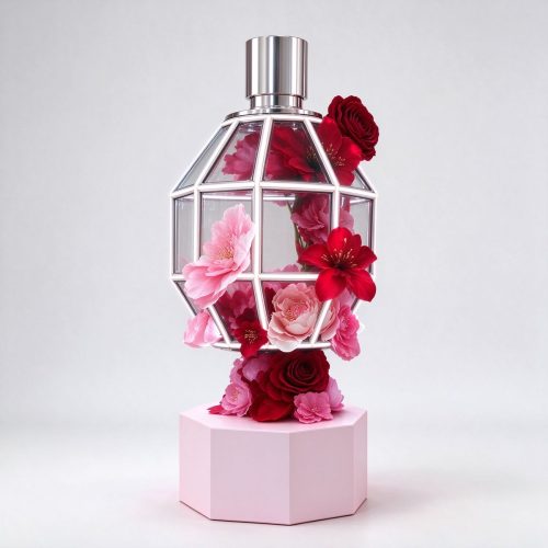 White neon geodesic perfume bottle prop right 45 angle with pink and red flowers