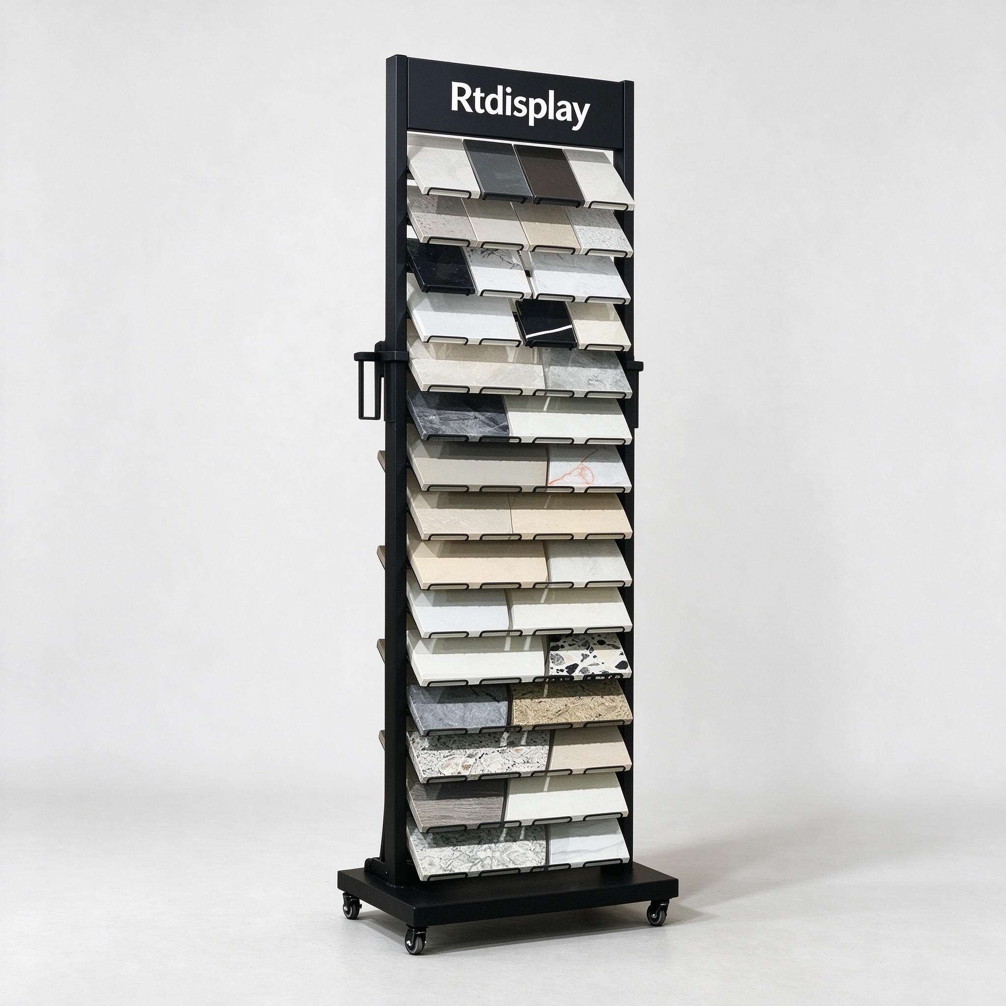 Granite sample display rack with black metal frame and slanted shelves, left 45 degree view