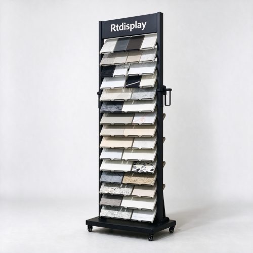 Granite sample display rack with black metal frame and slanted shelves, right 45 degree view