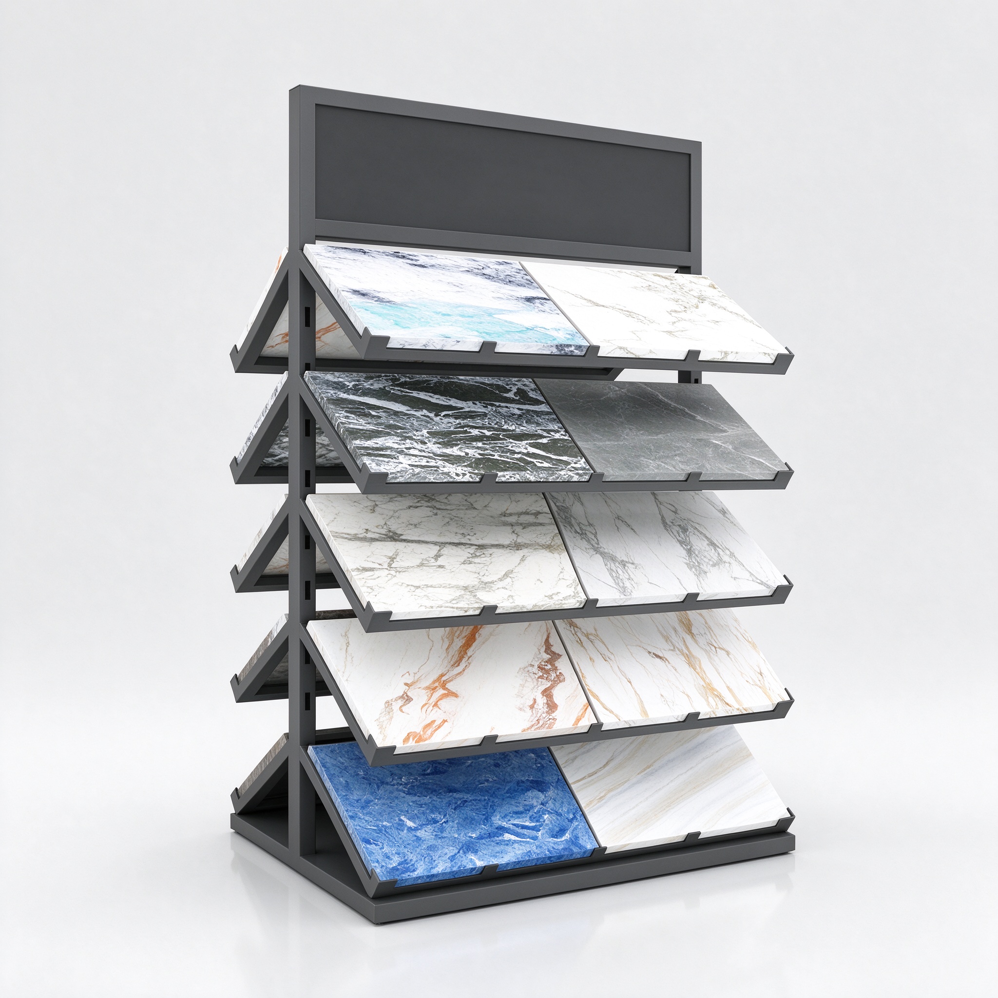 Custom stone sample waterfall display rack with gray metal frame, left 45 degree view