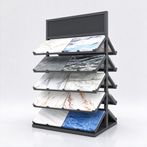 Custom stone sample waterfall display rack with gray metal frame, right 45 degree view