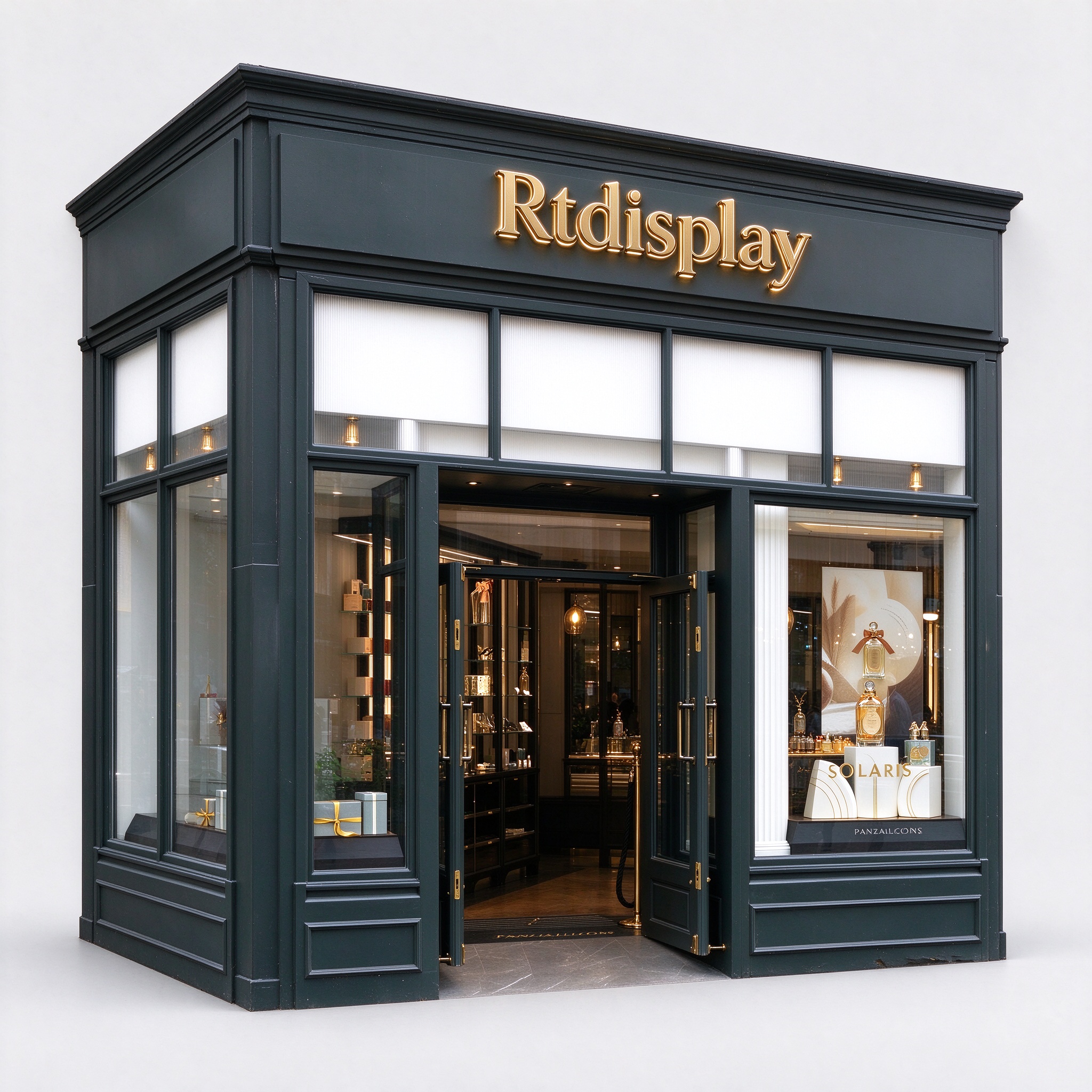 Dark green perfume shop front signage left 45 degree angle view