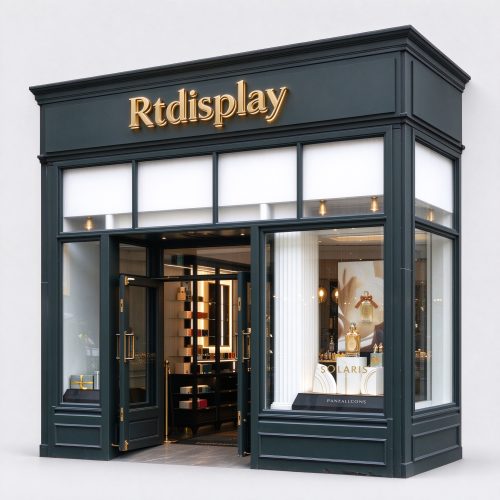 Dark green perfume shop front signage right 45 degree angle view