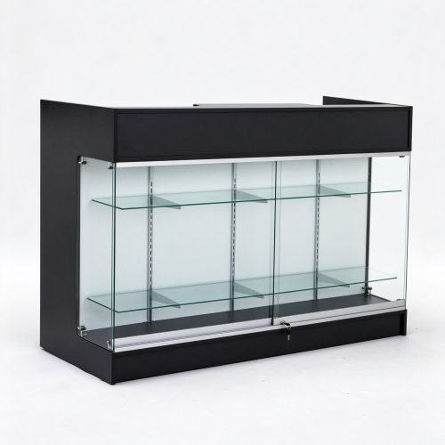 Black glass display cabinet left 45 degree square view