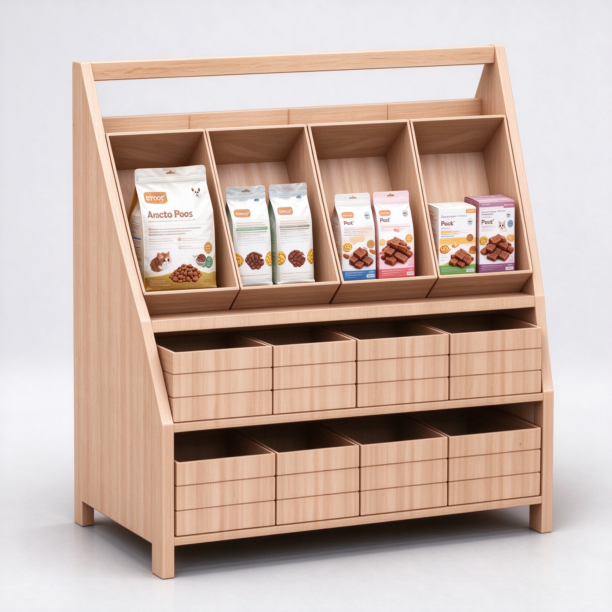 Slanted bin wood pet food display stand left angle view