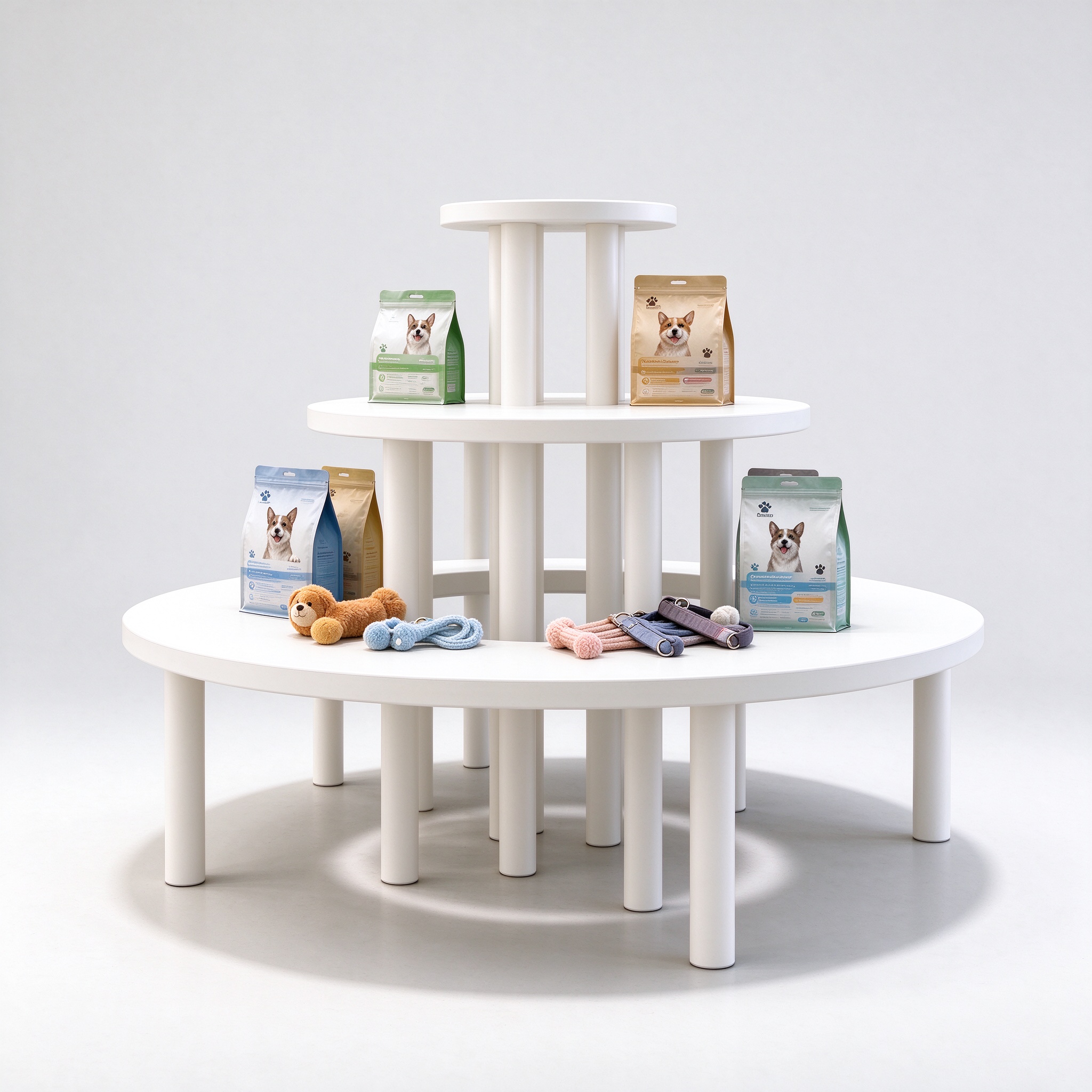 Three tier circular pet product display island left angle view