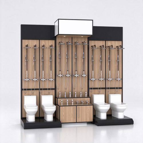 Combined sanitary ware display wall with shower rails and toilet plinths, left 45 degree view