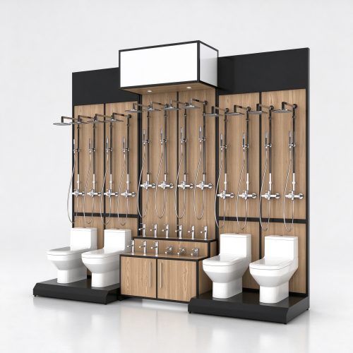 Combined sanitary ware display wall with shower rails and toilet plinths, right 45 degree view