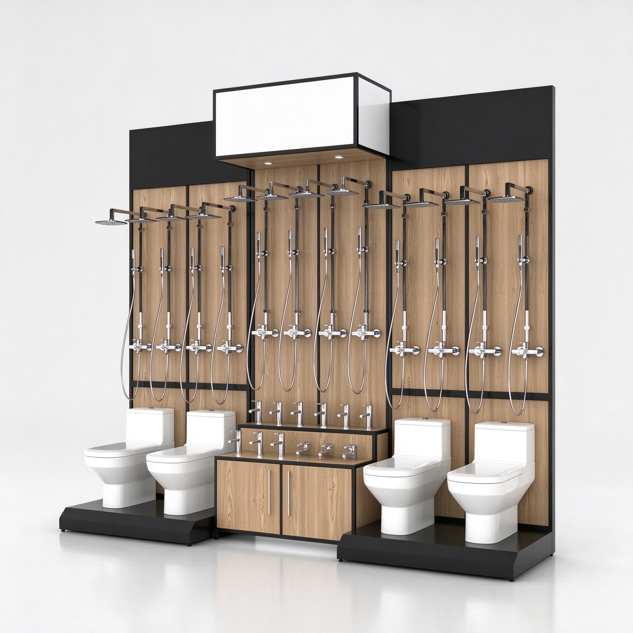 Combined sanitary ware display wall with shower rails and toilet plinths, right 45 degree view