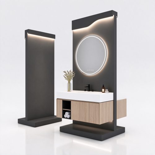 LED round mirror bathroom vanity display set with oak cabinet, left 45 degree view