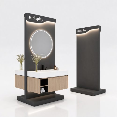 LED round mirror bathroom vanity display set with oak cabinet, right 45 degree view