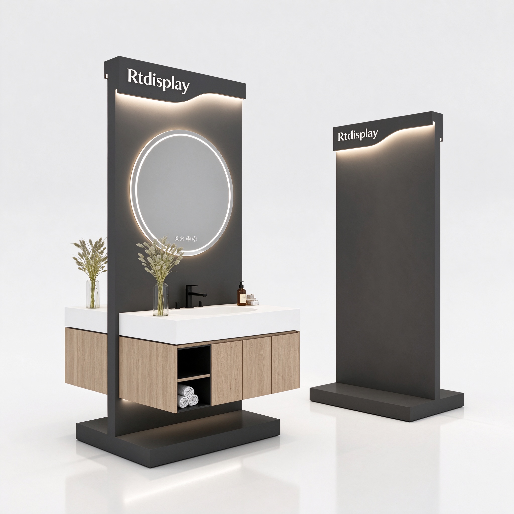 LED round mirror bathroom vanity display set with oak cabinet, right 45 degree view