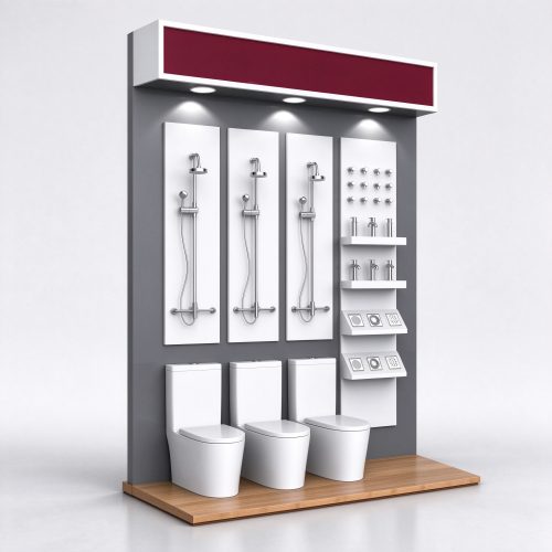 Sanitary ware display wall with shower boards and toilet plinth, left 45 degree view