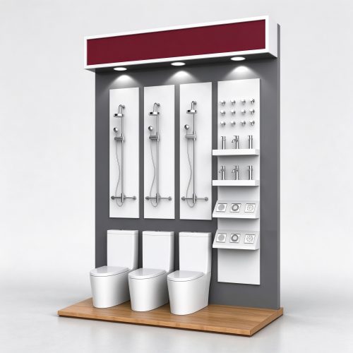 Sanitary ware display wall with shower boards and toilet plinth, right 45 degree view