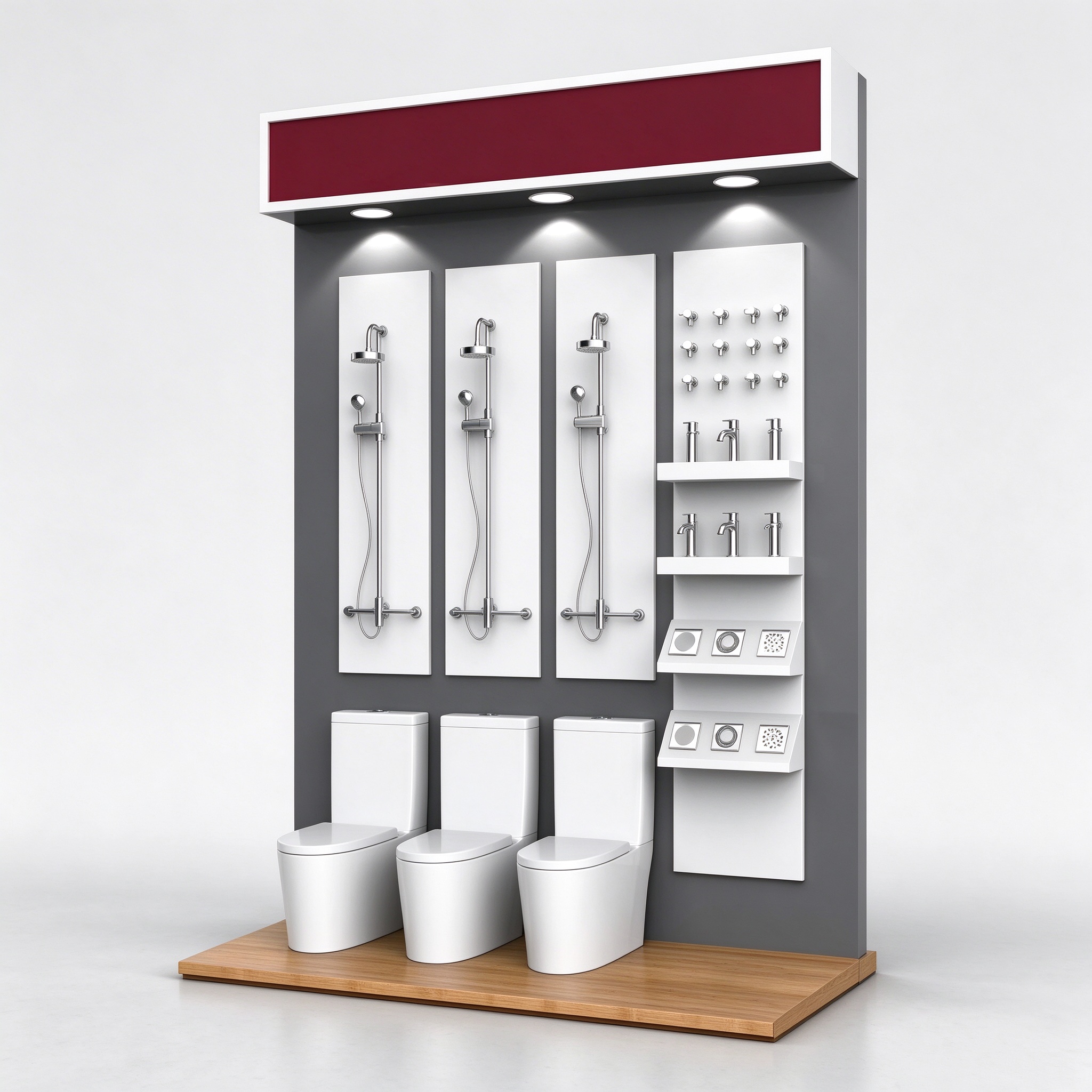 Sanitary ware display wall with shower boards and toilet plinth, right 45 degree view