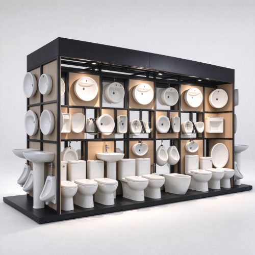 Double-sided sanitary ware display island with grid basin racks, left 45 degree view