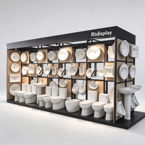 Double-sided sanitary ware display island with grid basin racks, right 45 degree view