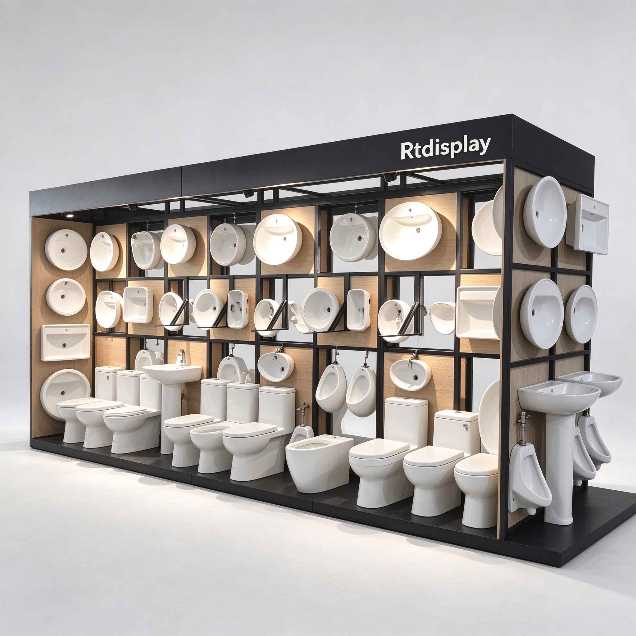 Double-sided sanitary ware display island with grid basin racks, right 45 degree view