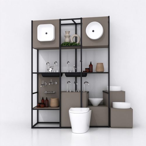 Black frame open shelf sanitary display tower, left 45 degree view