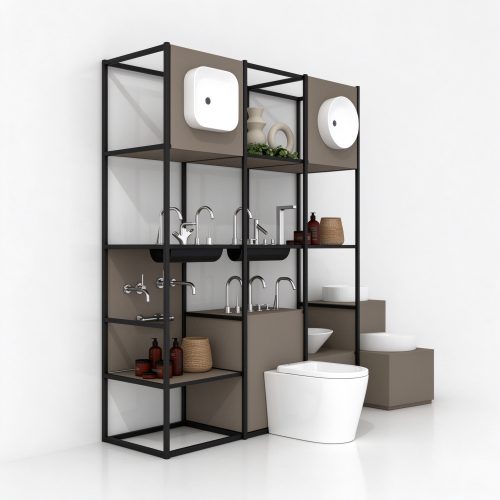 Black frame open shelf sanitary display tower, right 45 degree view