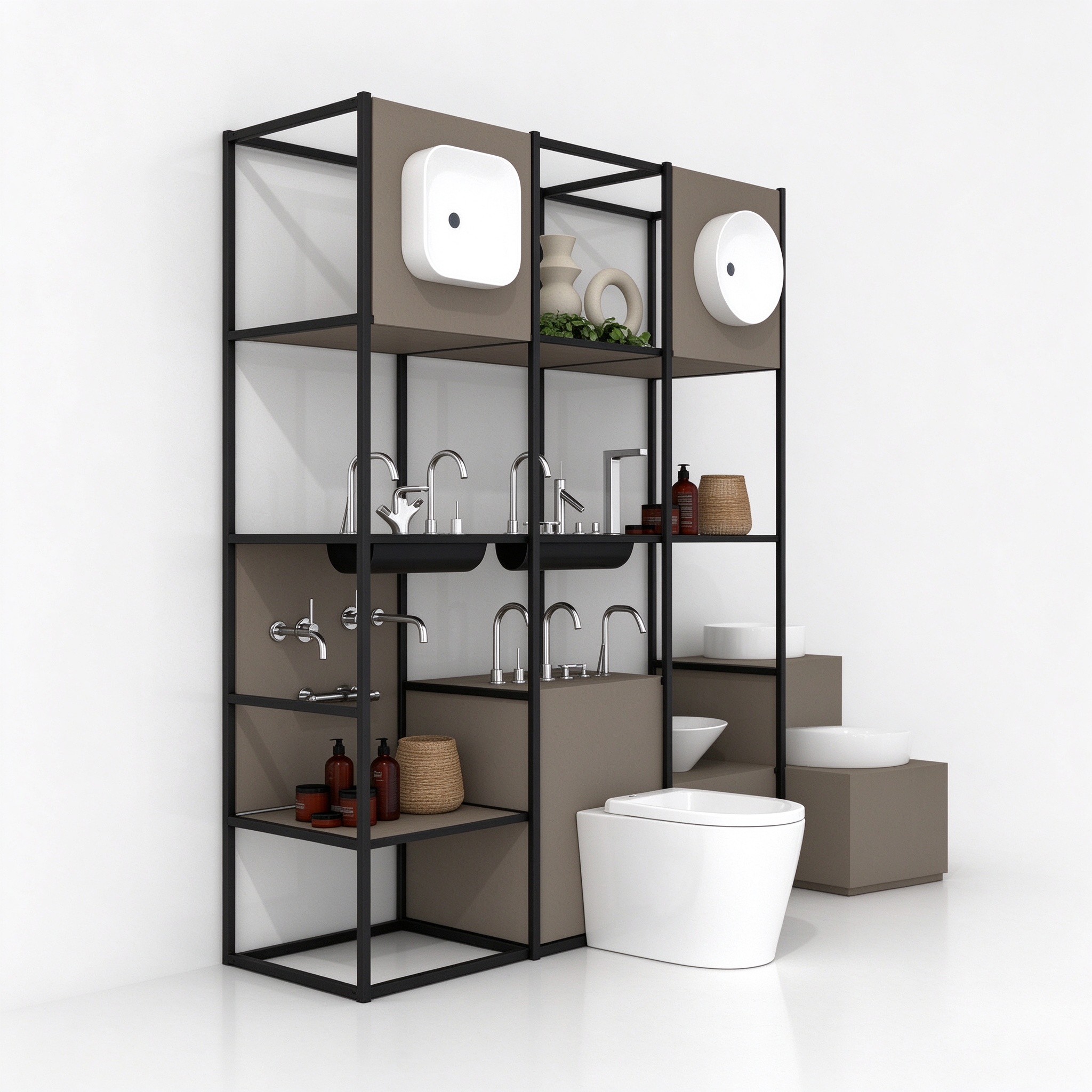 Black frame open shelf sanitary display tower, right 45 degree view