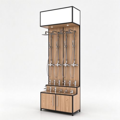 Shower column display tower with oak panel and cabinet, left 45 degree view