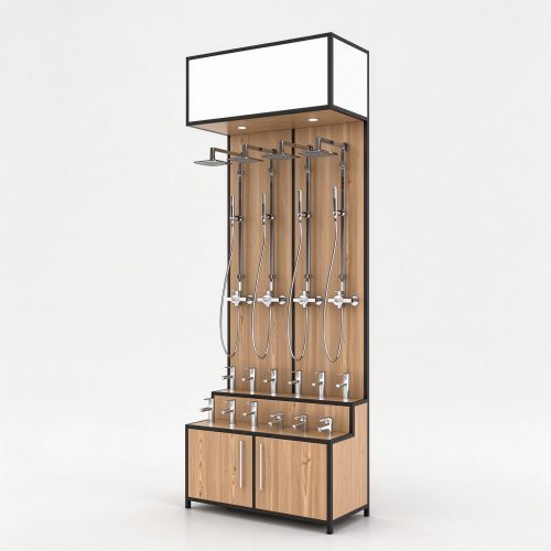 Shower column display tower with oak panel and cabinet, right 45 degree view