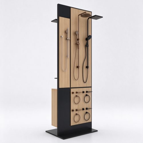Shower and accessory display tower with bronze and black columns, left 45 degree view