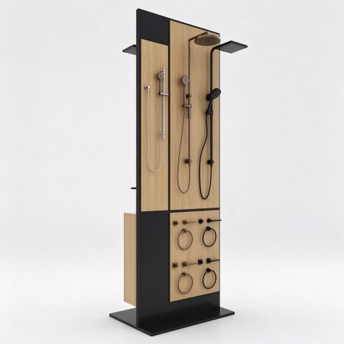Shower and accessory display tower with bronze and black columns, right 45 degree view