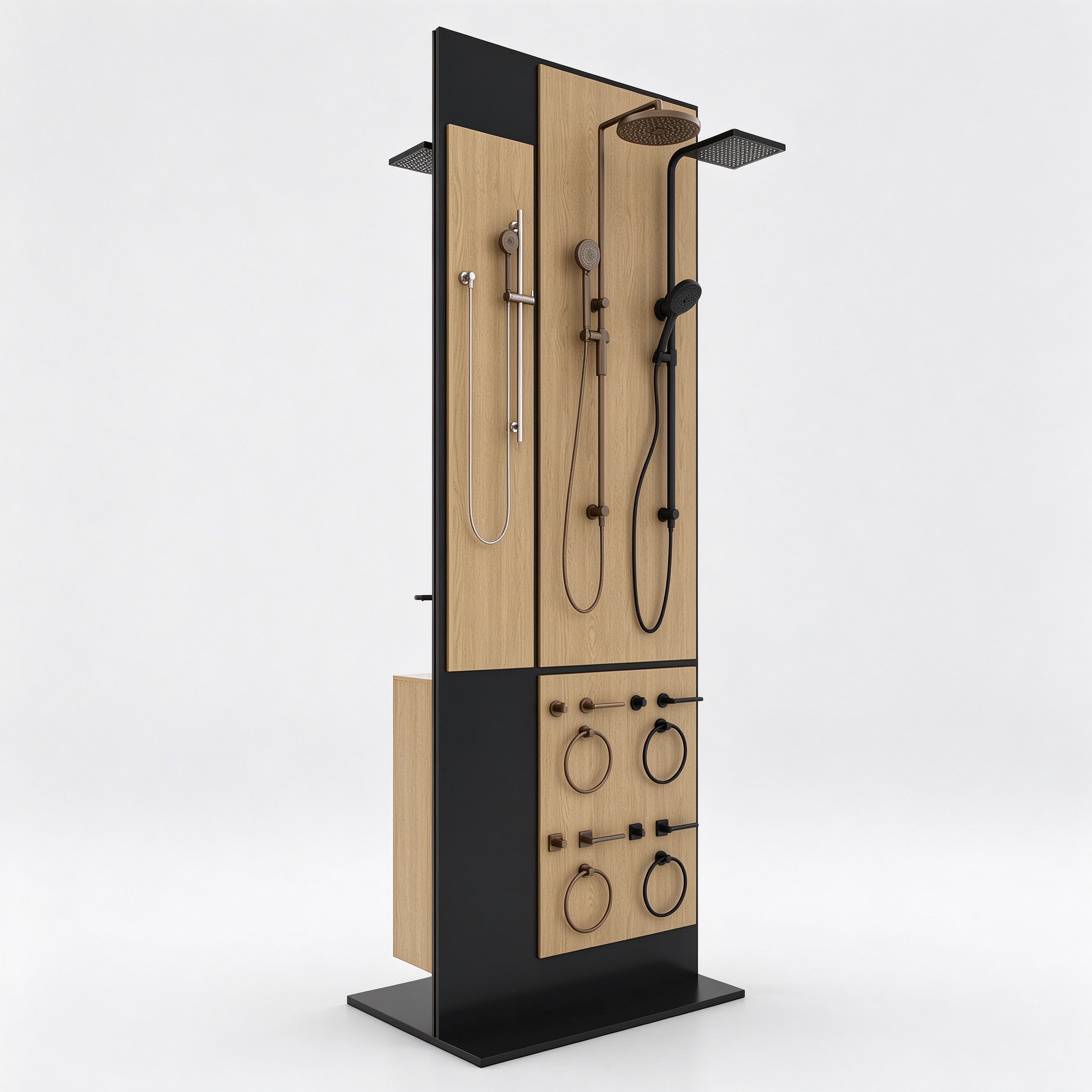 Shower and accessory display tower with bronze and black columns, right 45 degree view