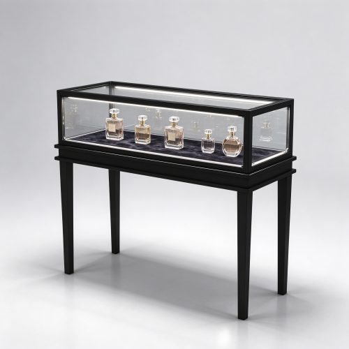 black glass vitrine table