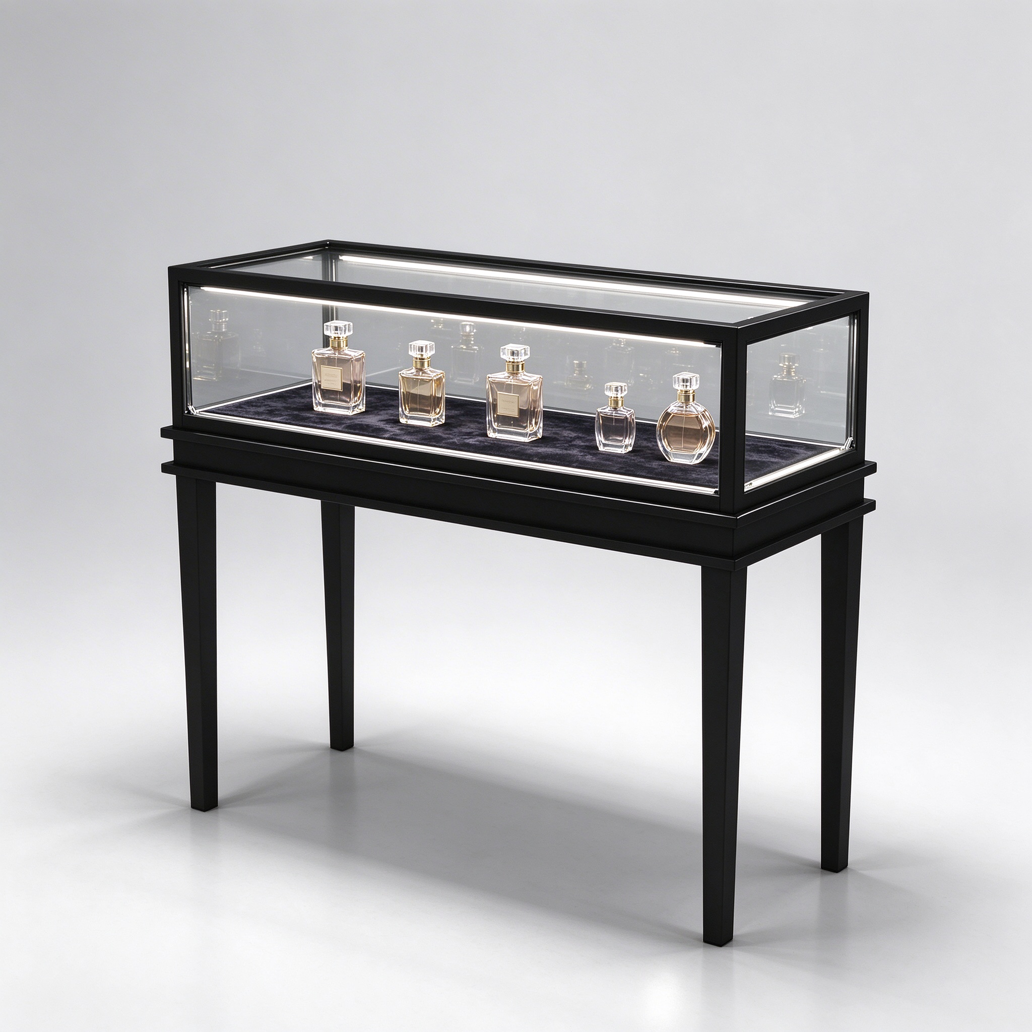 black glass vitrine table