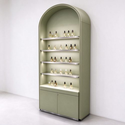 Olive green arched wall perfume display cabinet left 45 degree view