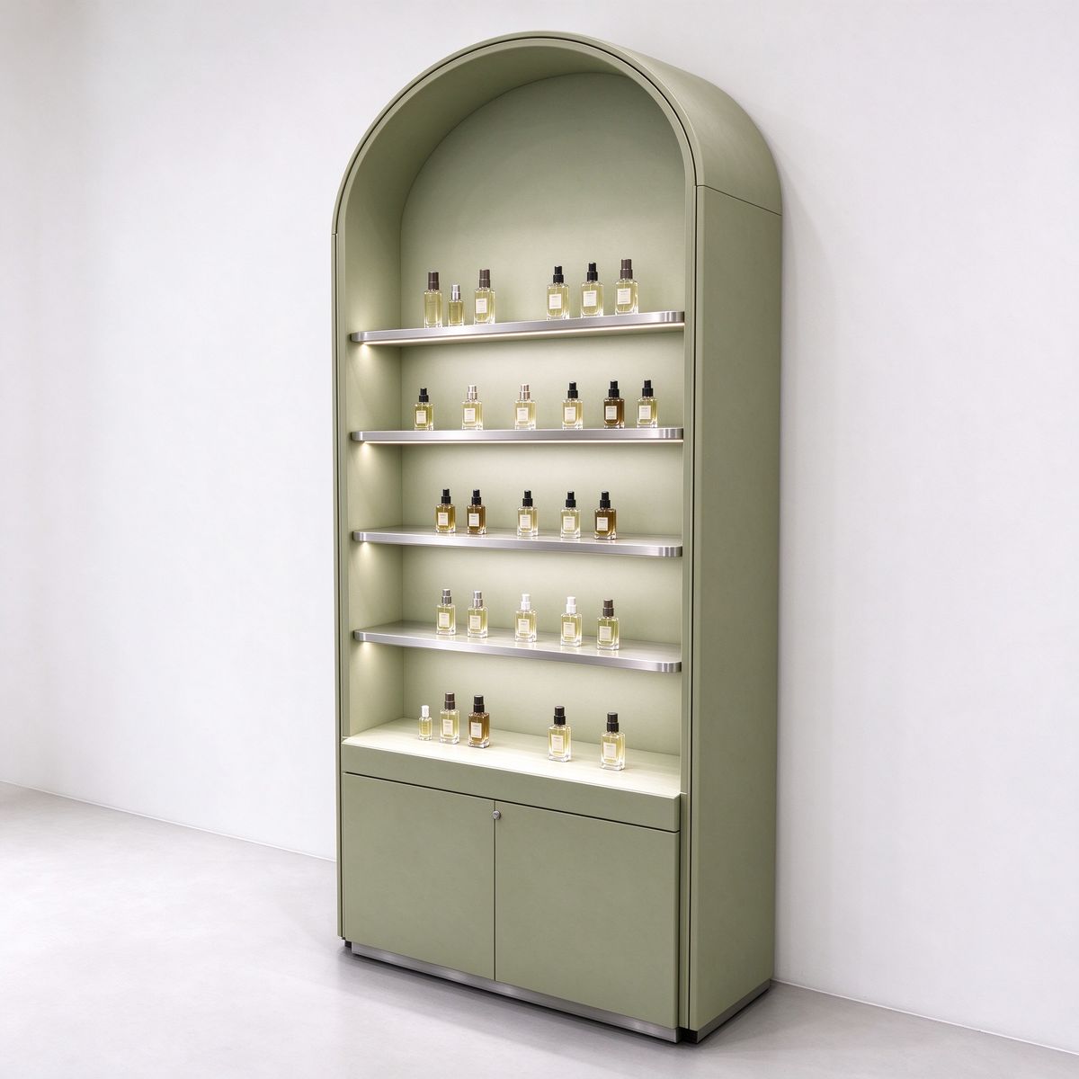 Olive green arched wall perfume display cabinet left 45 degree view